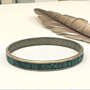 Malachite Brass Bangle Bracelet Vintage Green Inlay Natural Stone Jewelry